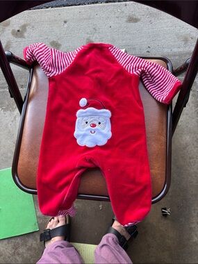 Little Me Red Santa Applique Velour Footie with Striped Sleeves